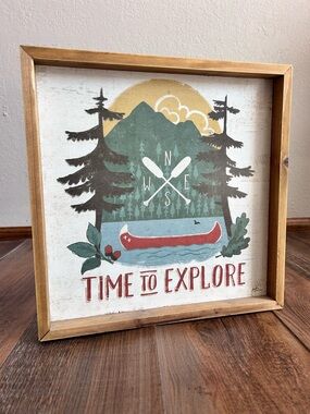 Wood framed Time to Explore Wall Art - lake canoe woodland